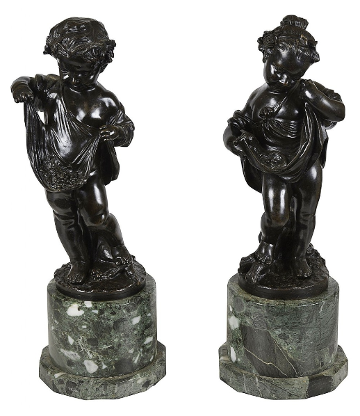 Pair Classical Bronze Statues Of Children Gathering Grapes, 19th Century